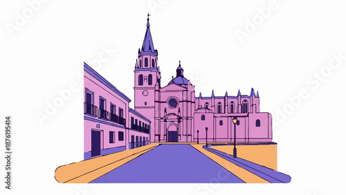 Stylized illustration of a grand cathedral with adjacent buildings on a street