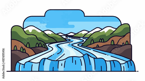 Scenic mountain river flowing into a waterfall under a partly cloudy blue sky