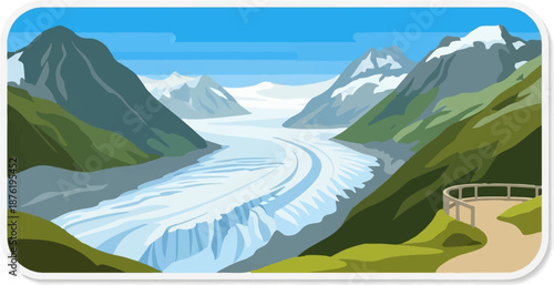 Scenic mountain valley with a winding glacier and overlook