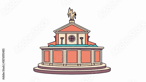 Stylized illustration of a classical building with a statue on top and a circular window