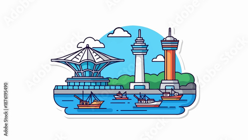 Stylized illustration of a city skyline with iconic buildings and boats in the harbor