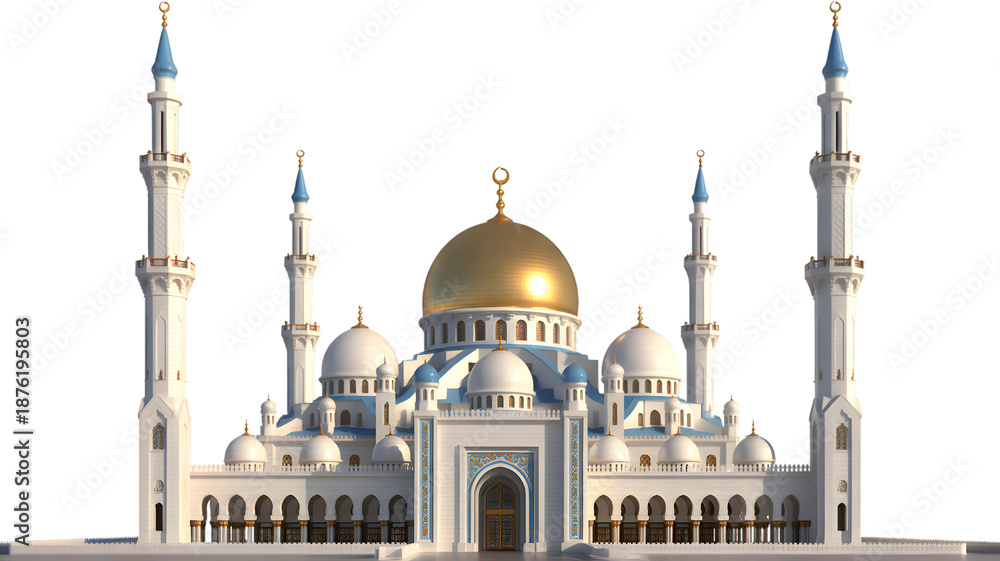 Fototapeta premium White mosque with blue accents and golden dome Islamic architecture transparent background