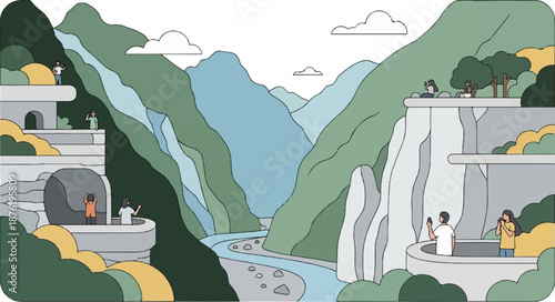 Scenic mountainous valley with a winding river, people on observation decks enjoying the view