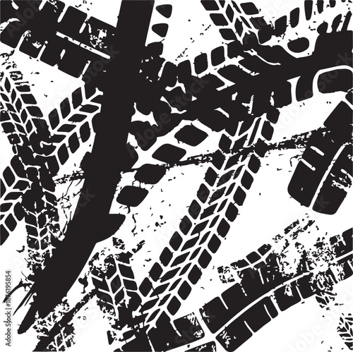Vector Print Textured Tire Track banner. Design Element . Car tread silhouette . Mud splash grunge texture. Drift show