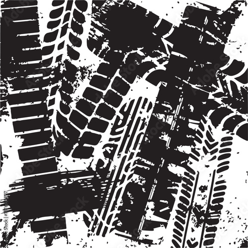 Vector Print Textured Tire Track banner. Design Element . Car tread silhouette . Mud splash grunge texture. Drift show