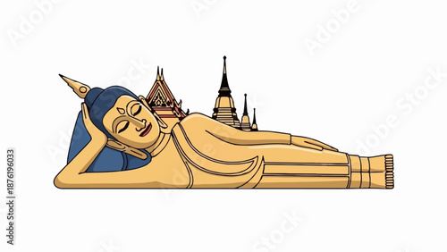 Stylized golden reclining Buddha with ornate spires in the background