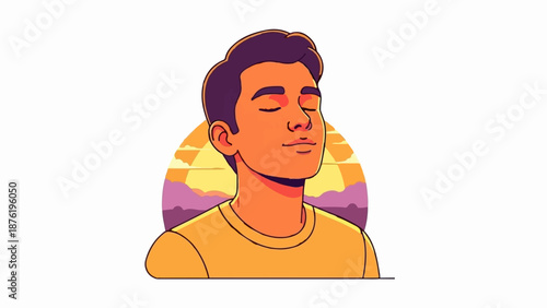 Serene young man meditating with eyes closed against a colorful sunset landscape