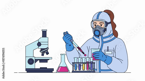Scientist in hazmat suit conducting experiment with microscope and test tubes