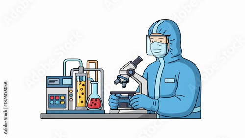 Scientist in blue protective gear using microscope near lab equipment with beakers and tubes