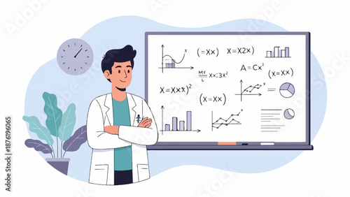 Scientist in lab coat stands by whiteboard with complex equations and graphs