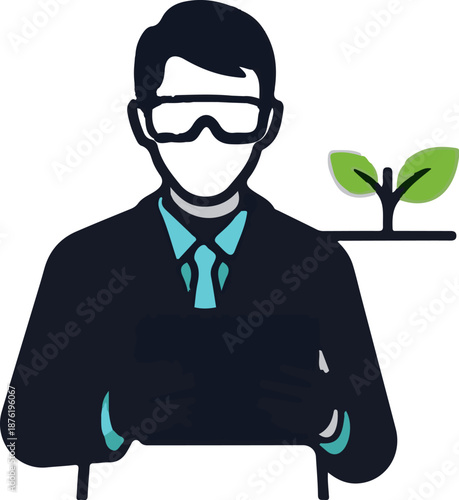 Scientist in lab coat and goggles examines a plant growing on a shelf