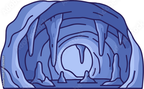 Stylized blue cave with stalactites, stalagmites, and an opening