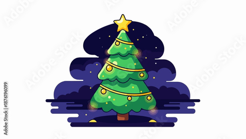 Stylized Christmas tree with star topper glows amidst dark, starry clouds