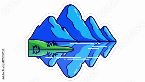 Stylized blue mountains reflected in calm water with green foreground