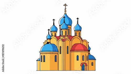 Stylized golden church with blue domes and red roofs, isolated