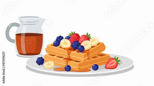 Stacked golden waffles adorned with fresh berries, banana slices, and drizzled with amber syrup