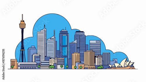 Stylized city skyline with iconic tower and opera house