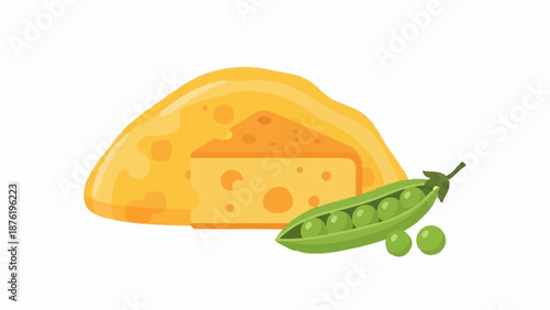 Simple illustration of a cheese wedge with holes and a pea pod full of peas