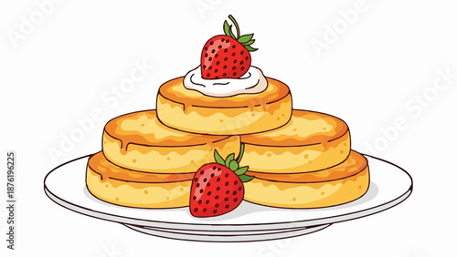 Stacked golden pancakes topped with whipped cream and strawberries on a white plate