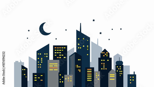 Stylized cityscape at night with a crescent moon and stars