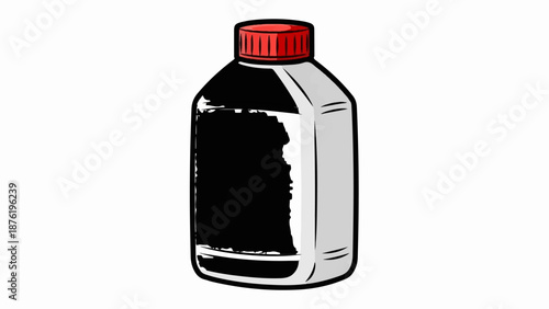 Simple illustration of a dark liquid in a grey bottle with a red cap