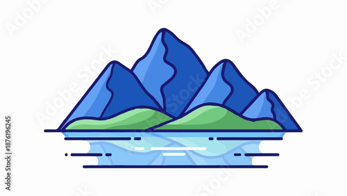 Stylized blue mountains rise above green hills reflected in calm blue water