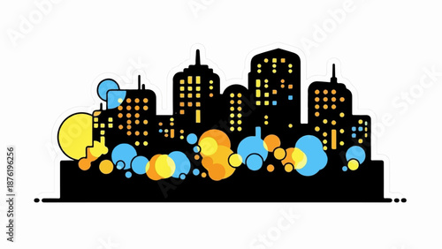 Stylized cityscape at night with colorful glowing orbs
