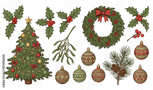 Hand drawn Christmas botanical elements tree wreath holly vector set