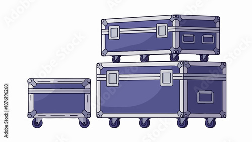Stacked purple rolling cases with silver accents and handles on white background