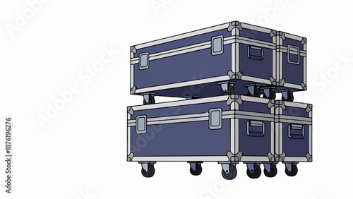 Stacked purple cases with silver trim and wheels for transport