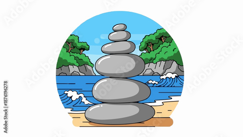 Stacked stones on a beach with ocean waves and green trees under a blue sky