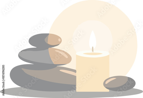 Stacked stones and lit candle glow creating a serene, tranquil spa atmosphere
