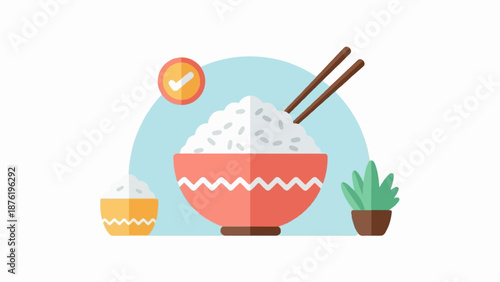Simple illustration of a healthy bowl of rice with chopsticks, a side dish, and a plant