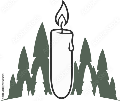 Simple line art of a tall candle with a flame, surrounded by stylized evergreen trees