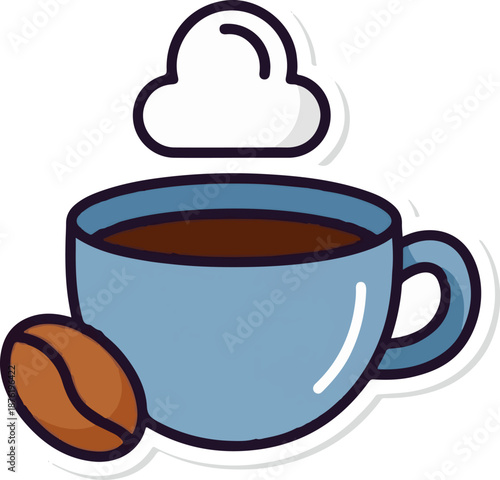 Steaming blue coffee cup with a single bean beside it and cloud