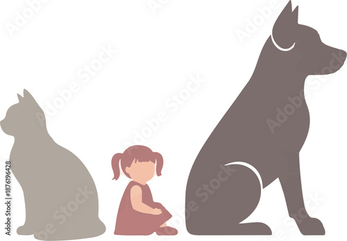Simple silhouettes of a cat, a child, and a dog sitting side-by-side