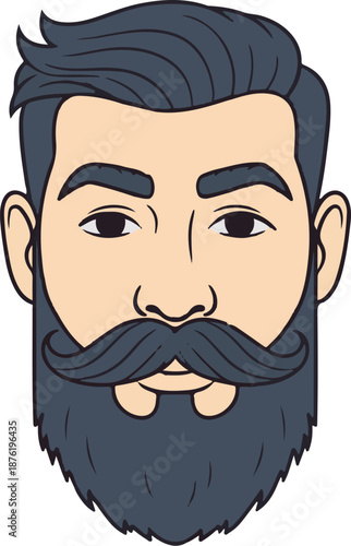 Stylized, flat illustration of a man's head with dark hair, bushy eyebrows, beard, and mustache