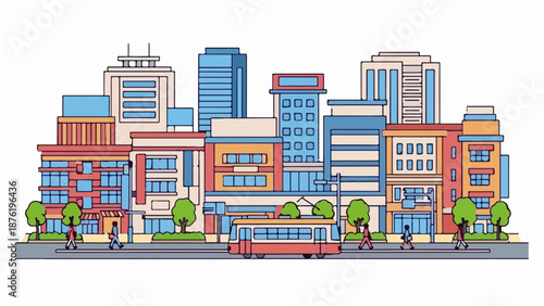 Stylized cityscape with diverse buildings, a trolley, and people walking
