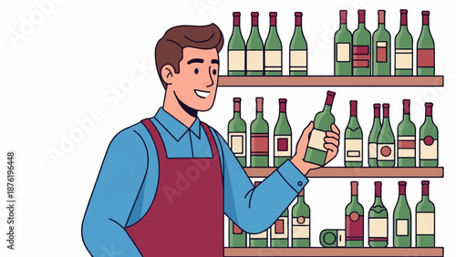 Smiling man in apron selects bottle from shelves of bottled drinks