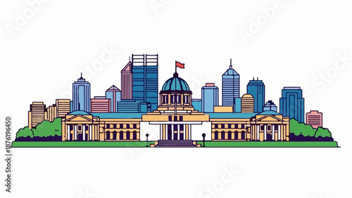 Stylized cityscape with dome-topped civic building and modern skyscrapers