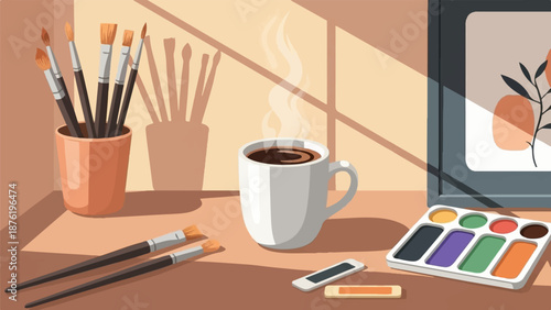 Still life of a mug of coffee, paintbrushes, and watercolors on a desk