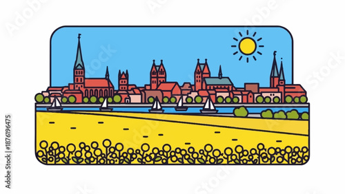 Stylized cityscape with medieval architecture, sailboats on a river, and a field of flowers