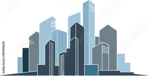 Stylized cityscape with varying heights and blues