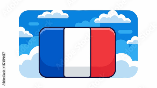 Stylized flag with vertical blue, white, and red bands, set against a cloudy sky background