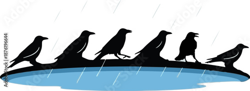 Six black birds silhouetted on a branch in the rain