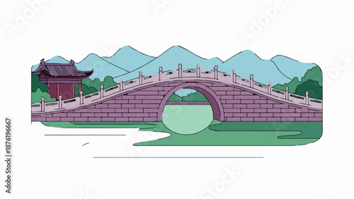 Stone arch bridge with traditional pavilion, serene water, and distant mountains