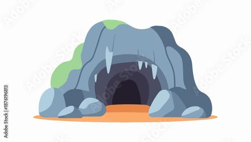 Stylized entrance to a rocky cave with a dark opening and orange ground