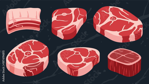 Six different cuts of raw, marbled meat arranged on a dark background