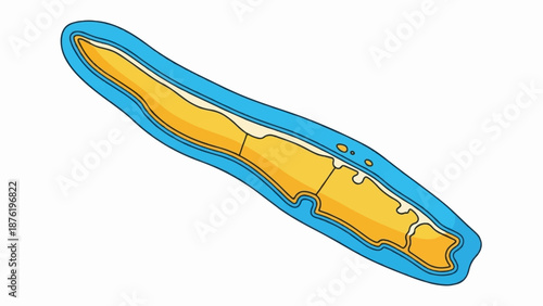 Stylized, elongated island with yellow landmass, white sand, and blue ocean