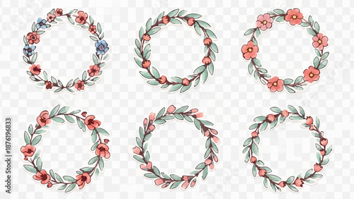Six floral wreaths with delicate pink and blue blossoms and green leaves
